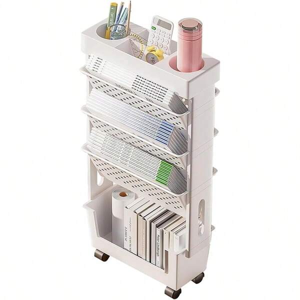 Bookshelf With Wheels 5 Tier Narrow Bookshelf For Small Spaces Moveable Mobile Bookcase For Students Teachers Study In Bedroom Living Room Home School White