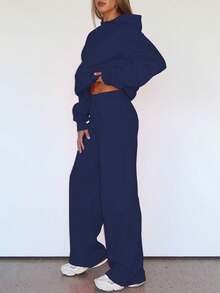 Bộ đồ hai mảnh thu đông thường ngày, áo nỉ trơn, áo có mũ trùm đầu, quần ống đứng cạp chun rút dây, bộ đồ hai mảnh. Bộ đồ - Màu xanh hải quân - Xem 7