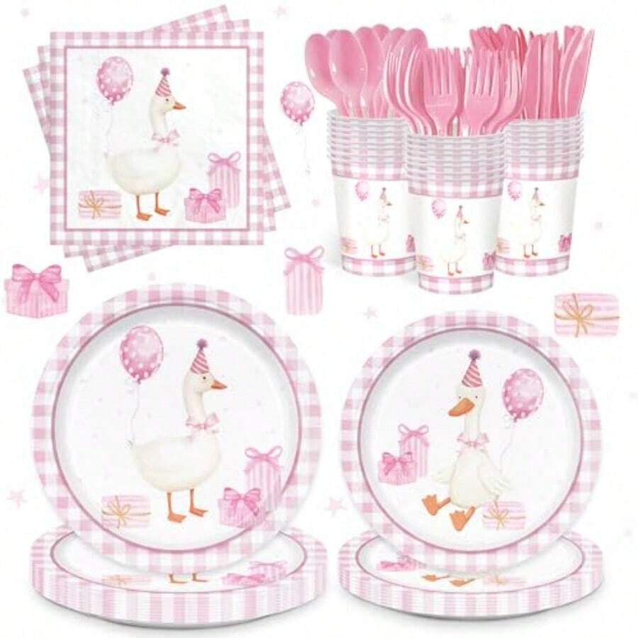 D168Pcs One Silly Goose Birthday Deco Girls Silly Goose Plates Napkins Party Plies Gingham Baby Shower Paper Cup Disposable Pink Forks Goose Tableware Set Serves 24 - 粉色 - 查看 1