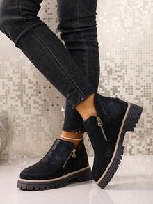 女士踝靴，女鞋冬靴，女士平底鞋，新款踝靴，女士拉链鞋 - 黑色 - 查看 5