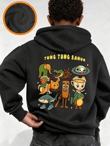 Young Boy Graphic Print Thermal Lined Pullover Sweatshirt Sweatshirt, Warm & Comfortable For Autumn/Winter - Black - View 2