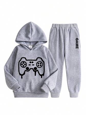 2件套男童电子游戏图案印花连帽衫和运动裤套装