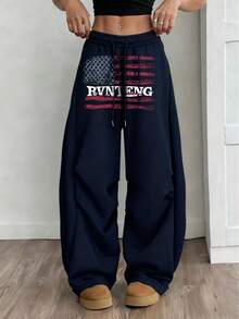 宽松阔腿运动裤，带字母口袋，男女通用直筒休闲运动裤，适合日常穿着，春秋冬 - 藏蓝色 - 查看 5