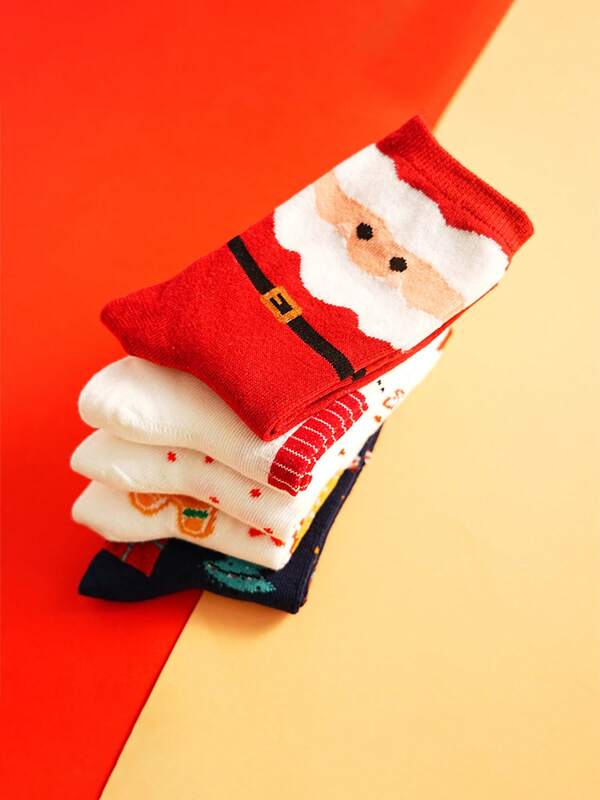5 Pairs Christmas Pattern Mid-Calf Socks, Comfortable & Soft, Great Christmas Gift For Family And Friends