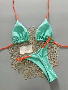 2pcs Casual Cute Elegant Sexy Bohemian Floral Tie-Up Braided Bikini Swimsuit, Beach Vacation, Spring/Summer - Baby Blue - View 3