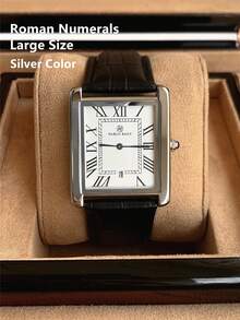 Pablo Raez 原创魅力情侣腕表，奢华男女经典腕表，长方形罗马数字复古中性不锈钢情侣腕表，带日期显示，银色表盘，黑色超细纤维皮革表带，时尚全新 AAA 设计男女石英腕表