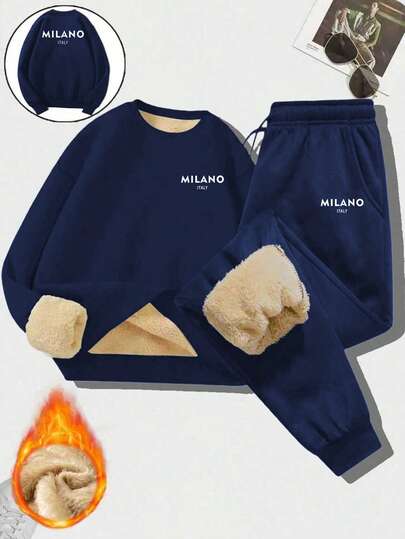 男士纯色休闲日常羊羔绒长袖印花卫衣裤套装，冬季