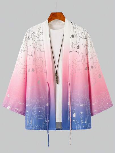 Áo sơ mi dài tay phong cách kimono họa tiết động vật hoạt hình ombre, áo khoác ngoài mỏng vừa vặn dành cho cả nam và nữ