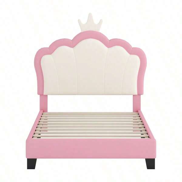 Twin Size Upholstered Princess Bed With Crown Headboard Twin Size Platform Bed With Headboard And Footboard Cream+Pink