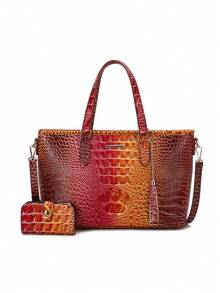 Classic Elegant Women's Bag Set,Fashionable Large Capacityr Bag Single Shoulder Bag,Crocodile Pattern Tote Bag,Light Luxury High-End Real Texture Crocodile Pattern Handbag - 3#橘子+紅 - 查看 8