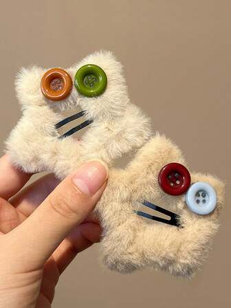 2pcs Cute Button Plush Hair Clips, BB Clips, Bangs Clips, Side Clips, Hair Accessories, Hair Claws, Hair Slide, Hair Barrettes