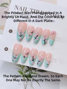 10pcs Y2K Nails Almond-Shaped Press On Nails Set - Handcrafted, Pink Nails, Blue Nails, Blue French Tip Nails, Hand Drawn Green Tea Flower, Green Tea Flowers Nail Art, Pink Little Flowers Element Decoration , Delicate Cute Nails - Perfect For Parties & Casual Attire, - Nhiều màu - Xem 4
