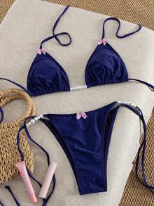 Women's Sexy Blue High Stretch Fabric Bikini Set With Pink Bow And White Beaded Bohemian Cute Comfortable Casual Party Beach Holiday Swimwear, 2 Pieces Set Vacation - Blue - View 2