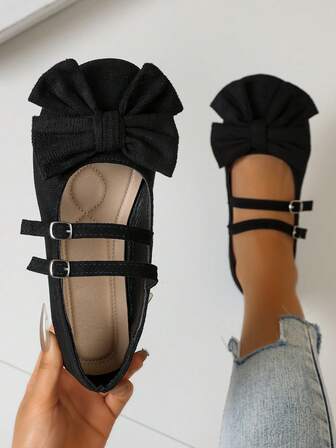 Bow Decor Beijing Cloth Shoes, Mother Shoes, New Women's Shoes With Metal Buckle, Black Work Shoes With Soft Sole, Comfortable For Office And Shopping