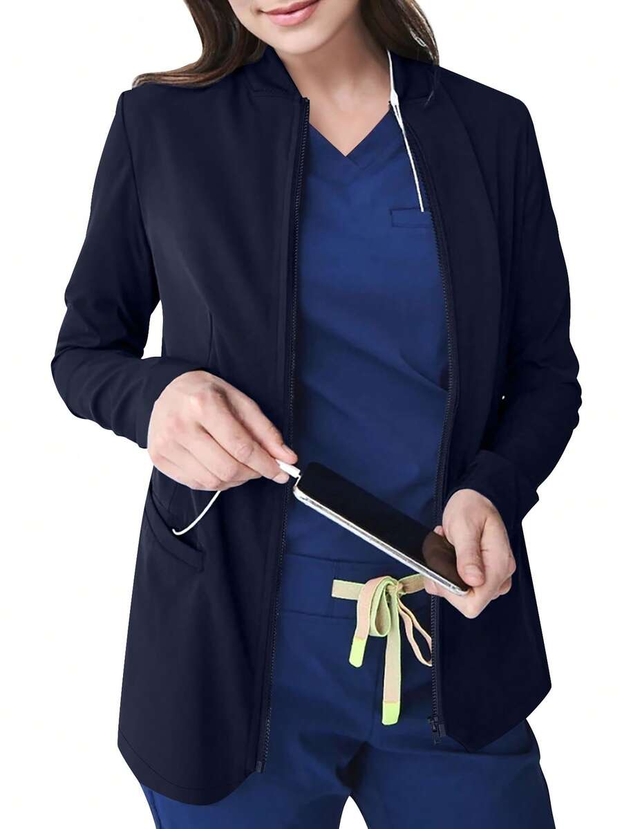 cimmuovere Women's Solid Color Functional High-Stretch V-Neck Long Sleeve Scrubs Top, Nurse Scrubs Workwear For Dentist, Healthcare, Laboratory Spring Fall - Navy Blue - View 1