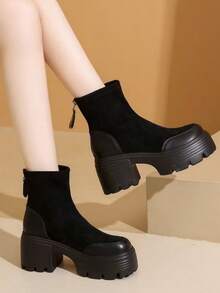 Vintage Boots For Girl, British Style, New Autumn/Winter, Thick Sole Increase Height, Black Chunky Heel, Slim Short Boots For Petite - Black - View 2