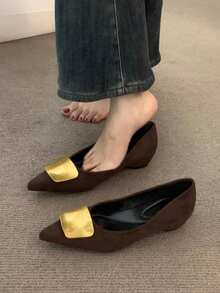 复古棕色尖头平底鞋，新款法式撞色低帮厚底鞋，四季皆宜 - 咖啡棕 - 查看 2