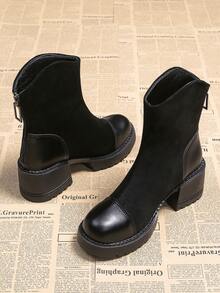 Elegant Vintage High Heel Short Boots For Women, 2025 Autumn/Winter New Fashion Leather & Suede Patchwork Back Zipper Ankle Boots, Versatile Commuting Stylish Boots,Elegant - Black - View 3