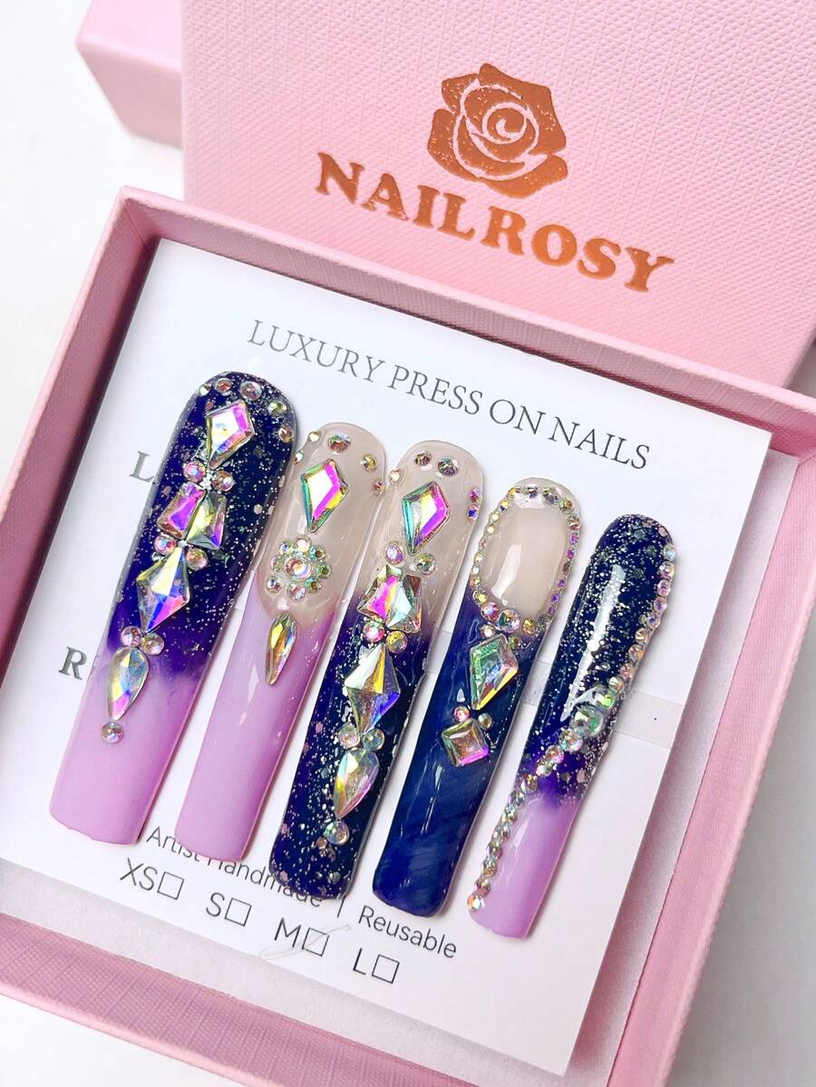 nailrosy 10pcs Handmade Extra Long Press On Nail False Nail Purple BOX INCLUDED Y2K Nails Wedding Press On Acrylic Nails Poly Gel Nail Kit Fake Nails Wedding Birthday Party Emo Goth Acrylic Nails Supplies Cute Elegant 3D Nail Art Gel Carving Gel Flowers Winter Crystal DIY Rhinestone Decor Luxury - Purple - View 1