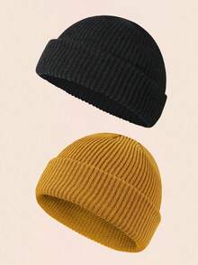 2 chiếc mũ len beanie trơn màu thời trang dành cho nam, mũ len ấm áp thường ngày phù hợp với trang phục mùa thu/đông, quần áo mùa đông - 2 chiếc - Xem 20