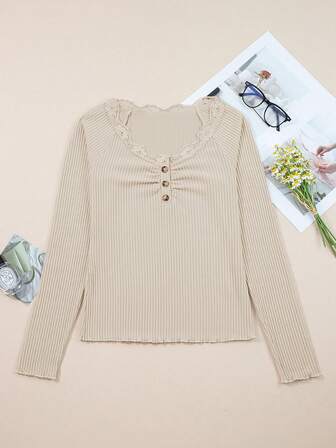 Beige Lace Neckline Button Decor Lettuce Edge Long Sleeve Ribbed Top
