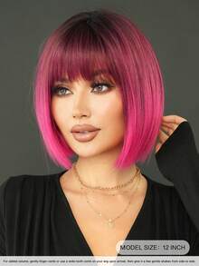 7JHH WIGS 12 Inch Ombre Rose Red Bob Wigs For Women - Gorgeous Short Straight Wigs With Bangs Dark Root, Premium Silky Synthetic Heat Resistant Fiber Fake Hair, Cute Colored Wigs For Daily Wear, Music Festivals Celebrations & Streetwear Special Use, Party Wigs Accessory - Hot Pink - View 5