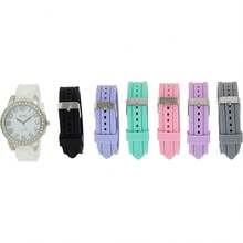 XOXO - Reloj analógico para mujer con bisel de acento de vidrio, 7 bandas de silicona intercambiables, elegante reloj de cuarzo con ajuste ajustable, caja lista para regalo, Blanco, Reloj analógico - Tipo de Enchufe A Japonés (100V) - Ver 7