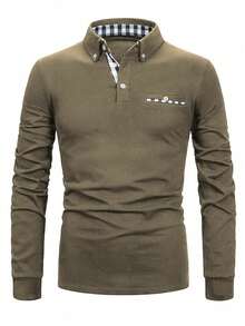 Men's Plaid Patchwork Long Sleeve Casual Polo Shirt