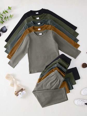 10件套男童纯色休闲柔软舒适轻薄针织长袖T恤和裤子套装，秋冬季