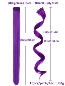 10 片紫色接发，卷曲波浪合成假发片，夹式彩虹霓虹派对挑染，彩色发饰，适合儿童、女孩、女性，20 英寸（深紫色） - 彩色 - 查看 4
