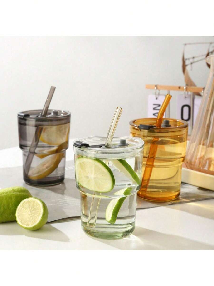 Bộ 2 cốc thủy tinh/tre + vỏ bọc cốc + ống hút, dùng cho cà phê, nước ép, nước lọc, đồ uống nóng/lạnh. - Nhiều màu - Xem 1