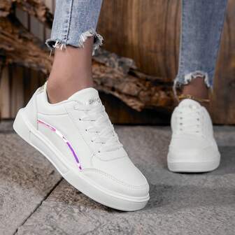 Women's Fashion Leather Panel Sneakers, Lightweight Sole Comfortable Shoes, White, Rose Gold, Striped, Casual Student Shoes, Lace-Up Trainers, Collegiate Style