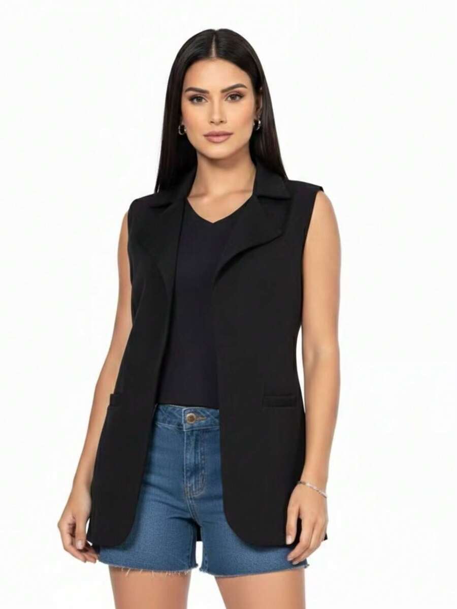 Colete Femini Moda Com Bolso Falso  Simples    Bolso    Praia  Férias  Escritório - Preto - Visão 1