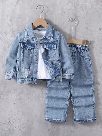 2pcs/Set Toddler Boys Casual Street Style Vintage Distressed Denim Jacket & Loose Fit Washed Denim Jeans Set, Suitable For Outdoor, School, Commute, Social Occasions, Spring/Autumn/Winter