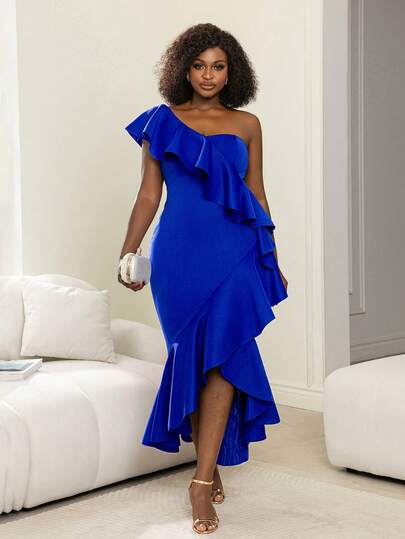 Faeriesty Chic Plus One-Shoulder Party Dress With Asymmetrical Ruffled Skirt & Streamlined Silhouette – Sophisticated Glamorous Wear For Red-Carpet Events, Fashion Shows & High-End Dinner Receptions