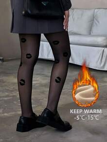 1 Pair Of Winter Black Kiss Pattern Tights! Warm & Flirty With Slimming Fit For Office Commute & Romantic Style! One Size Fits Most - Multicolor - View 11