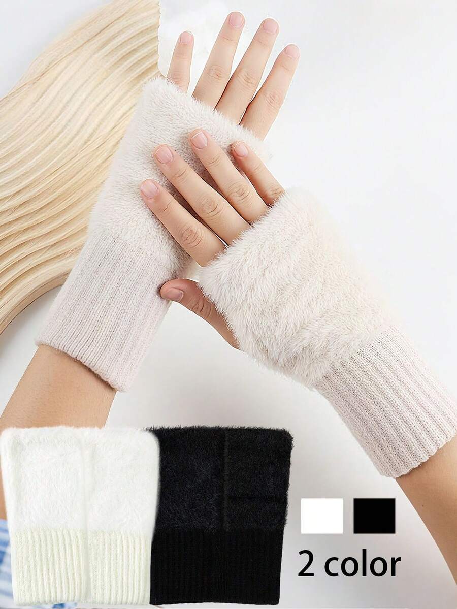 2 Pairs Women's Warm Winter Faux Fur Knitted Fingerless Gloves - Windproof, Cute & Versatile For Office, Cycling & Daily Wear - Multicolor - View 1