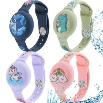 Compatible For AirTag Bracelet Cute Cartoon Air Tag Wristband Adjustable Hidden Watch Band Air Tag Holder AntiLost Soft Silicone Waterproof Tag Case For Toddler Shark+Dinosaur (2)