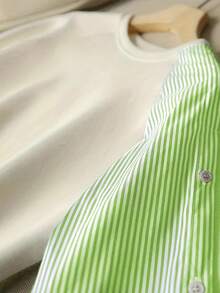 Bluză de damă cu dungi, model patchwork, în culori contrastante, cu nasturi, purtare zilnică, primăvară/toamnă, alb, negru, albastru, roz, verde, galben