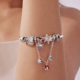 WOSTU 1 件 925 纯银可爱圣诞系列雪花雪人吊坠珠，适合女士手链 DIY 时尚派对饰品礼物