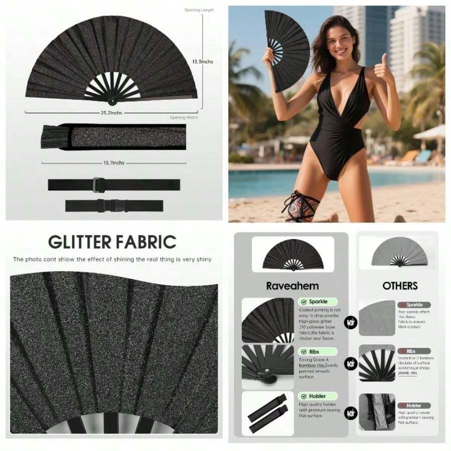 13 Inch Glitter Large Rave Folding Clack Hand Fan With Holster MenWomen Handheld Fan EDM, Festival, Club, Party, Line Dancing, Gold - màu đen - Xem 1