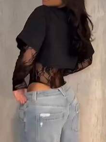 Women's Sexy Sheer Lace Short Sleeve Crop Top, Solid Color Lace Patchwork See-Through Sexy Bodysuit For Daily Wear, Dating, Single Party, Stage Performance, Spring/Summer - Black - View 3