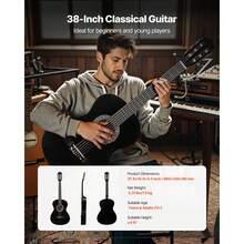 Classical Guitar, 38 Inch, Wood Classical Guitar Starter Kit For Beginners, With Nylon Strings, Gig Bag, Strap, Tuner, Extra Strings, Picks, Capo, Basswood, For Teenagers Adults Students, Black - 38-inch Black - 查看 6
