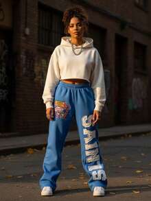 Saints Brand New Elastic Waist Design Relaxed Casual Style Pink Floor-Length Sports Pants With Embroidered Patch Pattern - Màu xanh lam - Xem 4