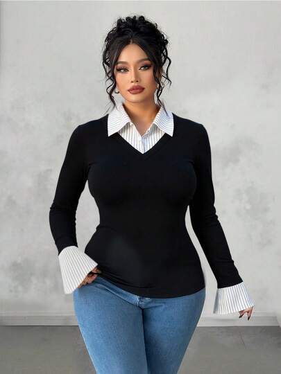 Camiseta de manga larga con diseño de rayas y parches, de doble cuello, estilo casual y de moda para la calle, para mujer en primavera/otoño, talla grande