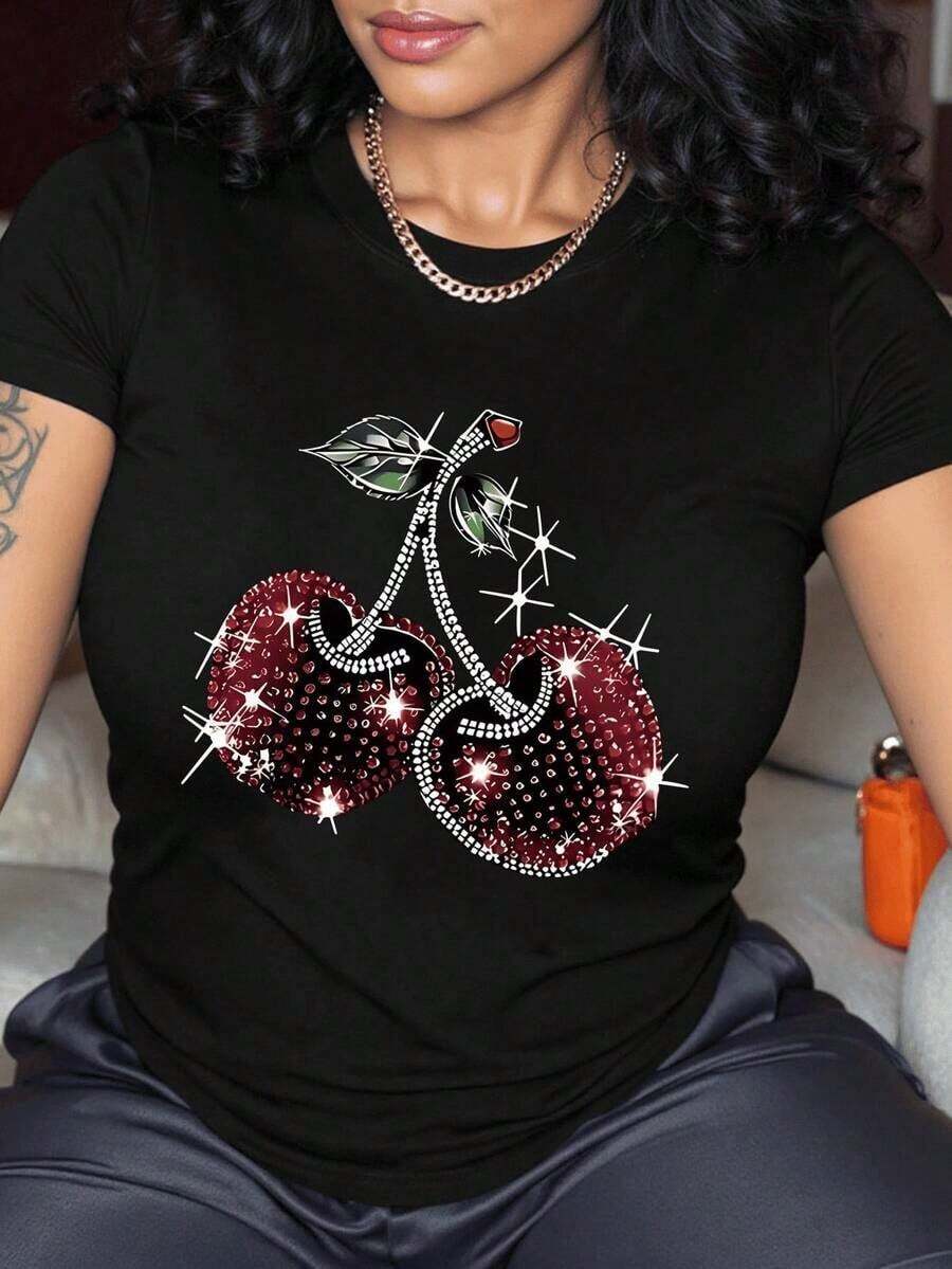 Cereza, fresa, limón 1 Brillo Casual Dulce Fiesta Elegante Ninguno Playa Vacaciones Deportivo Oficina Casa Cómoda camiseta de cuello redondo con estampado de cerezas, con ambiente de fiesta y vacaciones, blusas negras para mujer, para primavera/verano - Negro - Ver 1