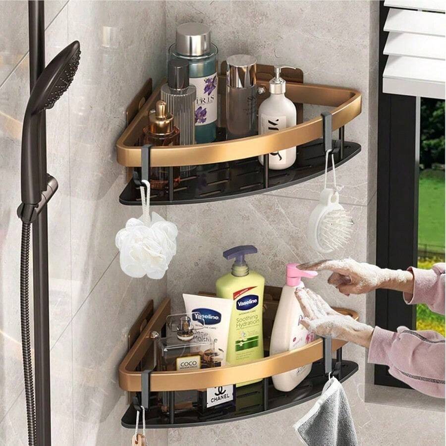 Juego de 2 estanterías de esquina para baño estante ducha de aluminio espacial con 4 ganchos organizador de ducha de gran capacidad sin taladro adecuado para baño cocina. Triángulo negro dorado - Oro2Rectángulo - Ver 1