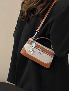 1件装撞色布料和PU拼接多功能拉链斜挎包，适合女性日常出行、购物、聚会、收纳化妆品，可作为女友的圣诞节、情人节、生日礼物，也是时尚派对单品。 - 棕色 - 查看 9
