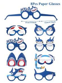 8 件蓝色鲨鱼图案派对纸质眼镜，鲨鱼海洋主题生日派对装饰用品，节日聚会礼品，户外海滨沙滩派对装饰摄影道具，室内派对配件礼物