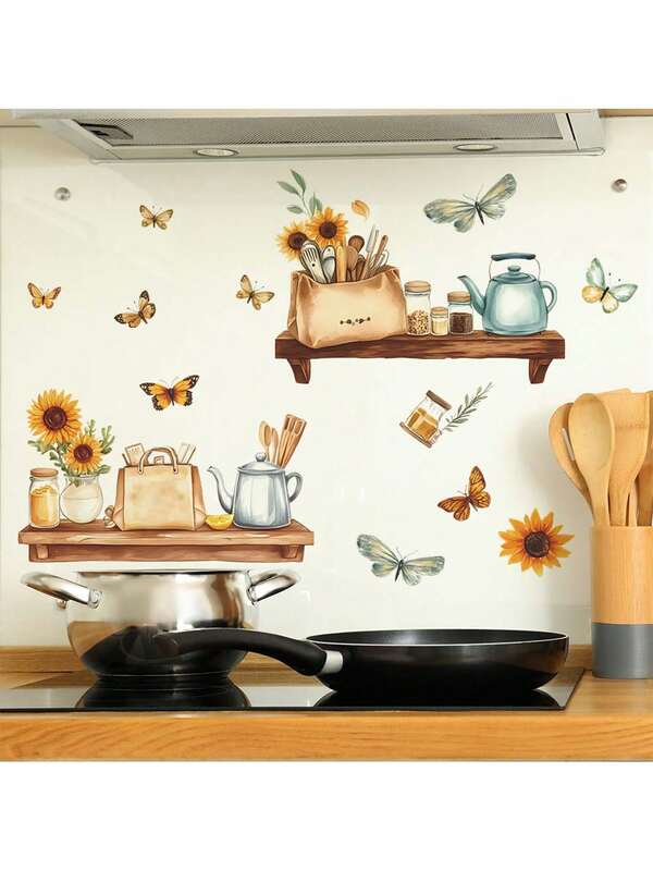 1pc Creative Kitchenware Flower Butterfly Decorative Sticker PVC Sticker Removable Self-Adhesive Easy-Tear Sticker Home Decor To Brighten Up Your Life Holiday Decor Stickers Birthday Graduation Gift